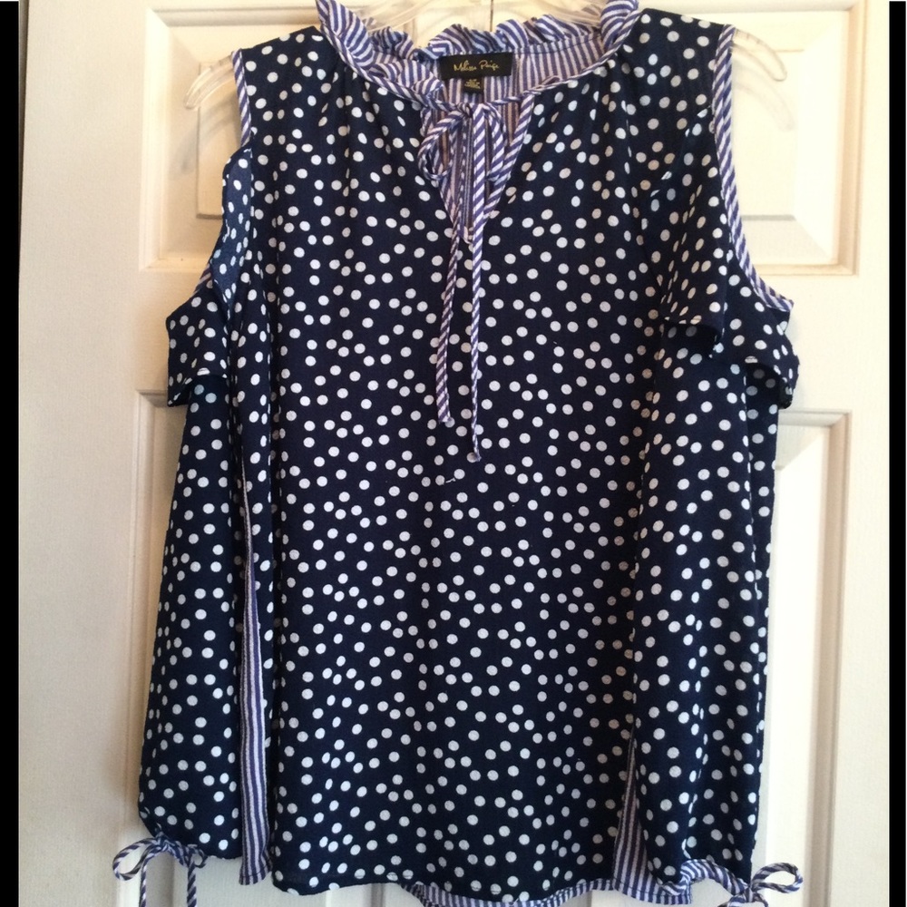 Melissa Paige Navy Polka Dot Stripe Cold Shoulder Top